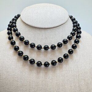 VTG 7mm Black Onyx Alternating 10K Gold Bead Necklace No Clasp 20" Length